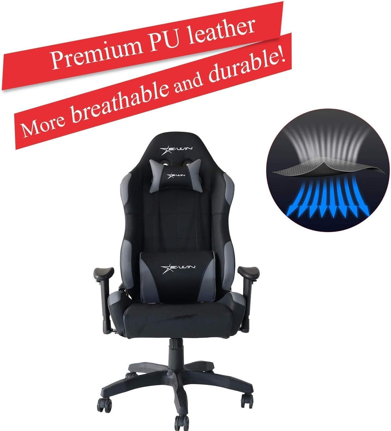 Close-up of chair material showing premium PU leather and breathable design