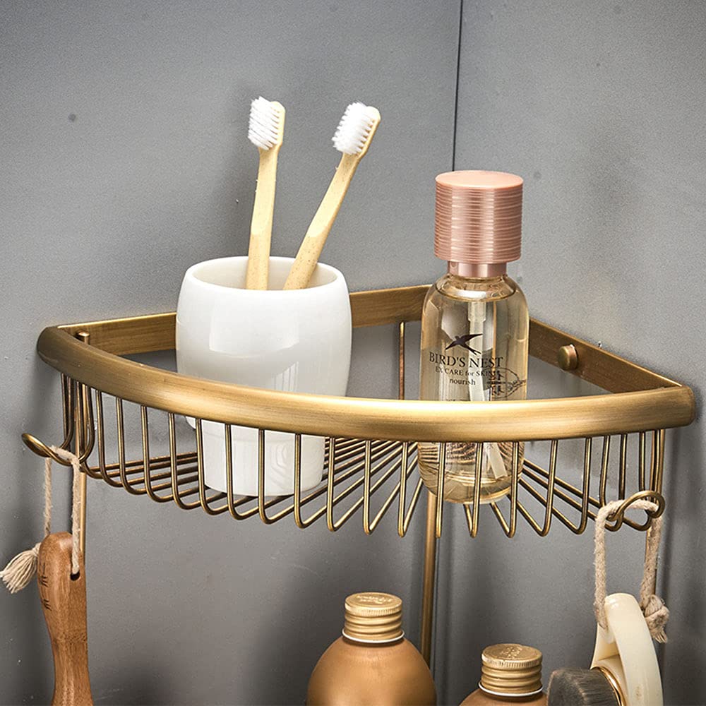 2-laags douchemanden, roestvrij, badkamercaddy, hoekplanken, messing doucherek met haak, shampoohouder, badopruiming, opbergorganizer, accessoires, wandmontage, inschroefbaar, goud