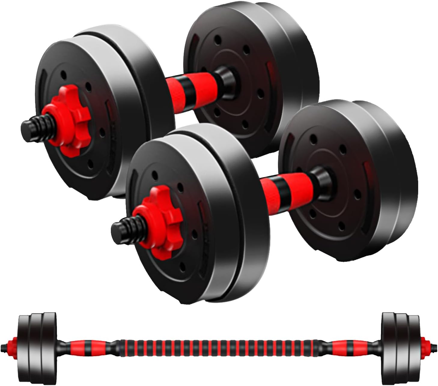 LMS Dumbbell and Barbell Set Adjustable Neoprene 2-in-1, Weight Lifting Training, Bodybuilding Fitness Exercise, Home Gym Workout for Men and Women (Black & Red)