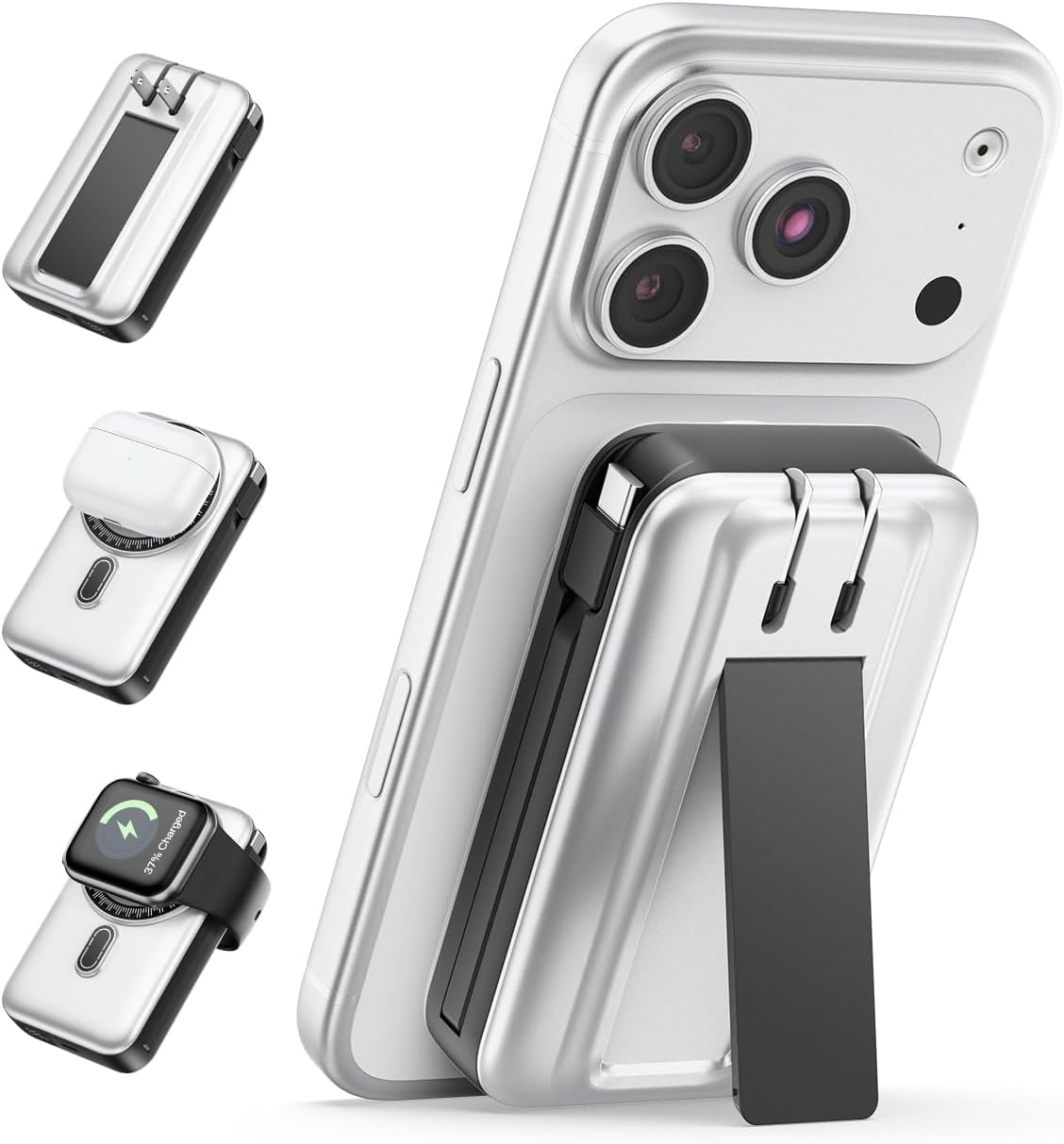 DR.HILL Magnetic Battery Pack Real Capacity 10000mAh, 22.5W Fast Charging Portable Charger with Built-in Cables & AC Wall Plug, Foldable Stand Power Bank for Apple Watch Phone 17/16/15/14/13 (White)