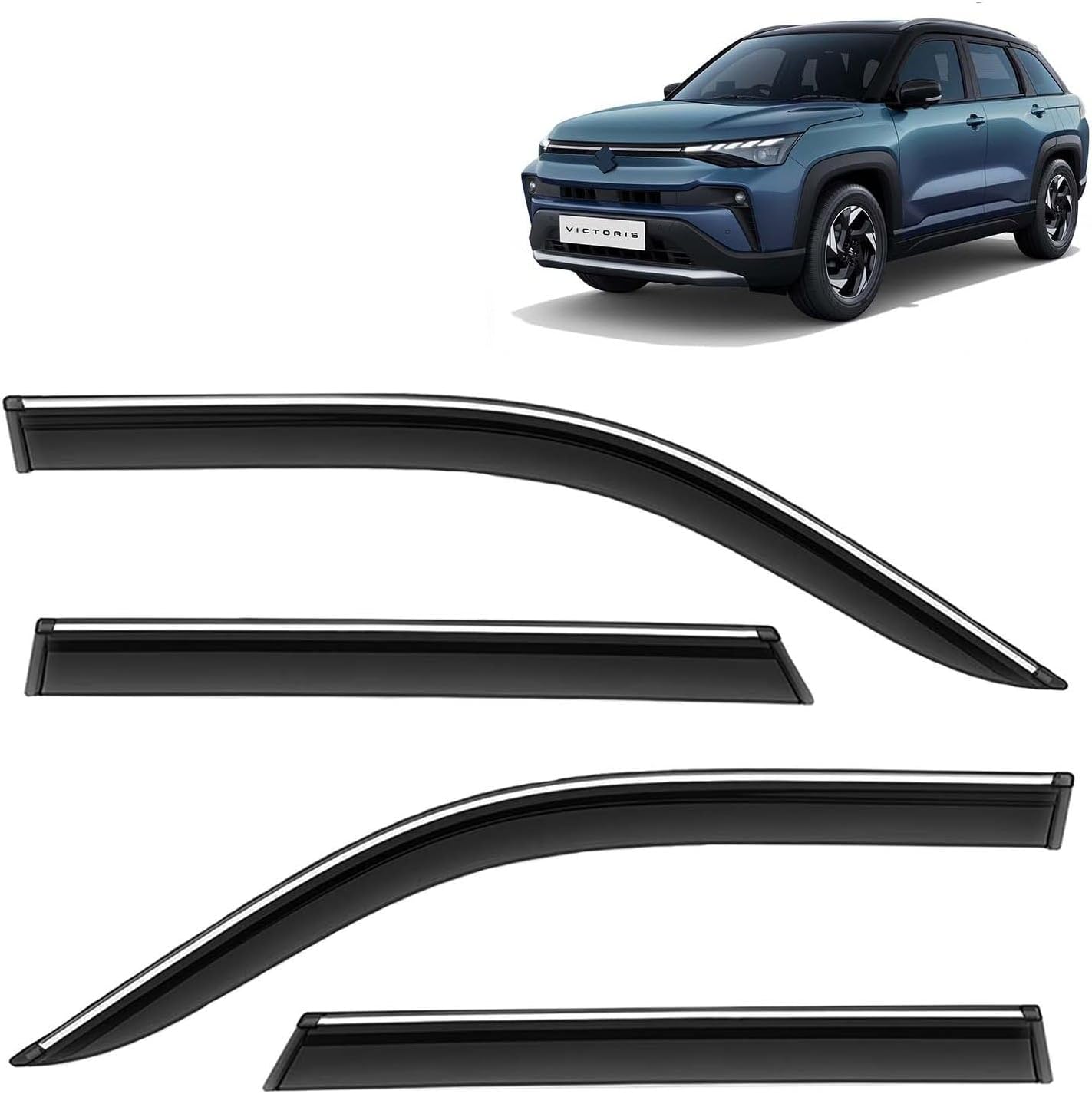 KINGSWAY Accessories Chrome Lining Door Visor Only Compatible with Maruti Suzuki Victoris (Year 2025 Onwards), Premium Chromeline Unbreakable Car Rain Guard Side Rear Wind Deflectors, Pack of 4