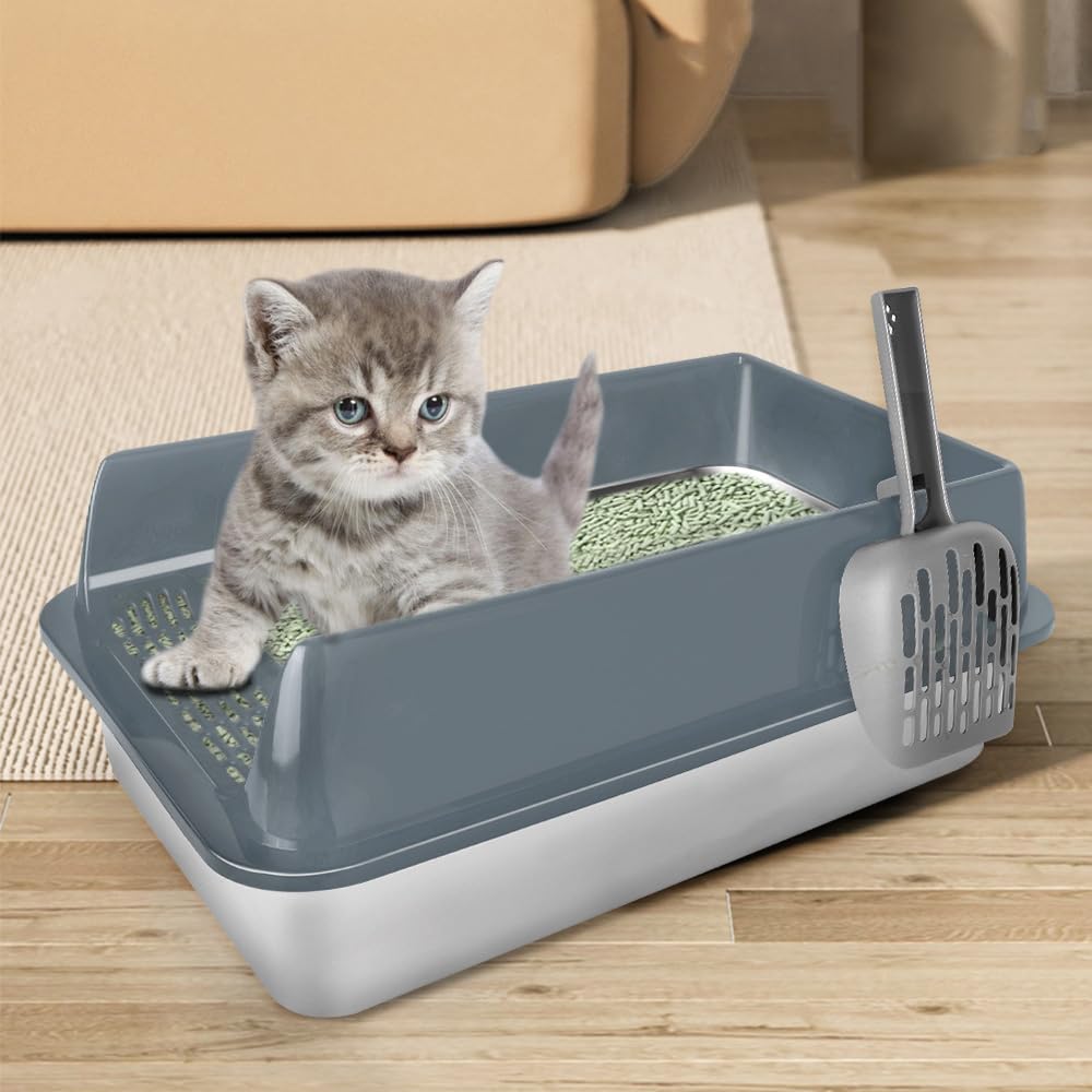 Maison de Toilette pour Chat,Bac à Litiere Haute en Acier Inoxydable, Bac Litiere pour Chat, Cat Litter Box, Pelle, 60 x 40 x 30 cm (Acier Inoxydable) (Gris)