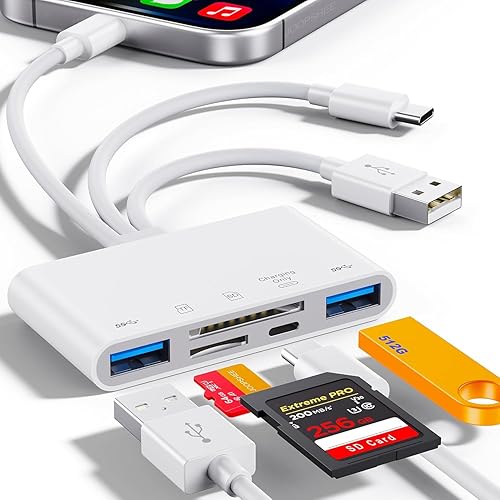 Lector de tarjetas de memoria 5 en 1, adaptador USB OTG y lector de tarjetas SD para i-Phone/i-Pad, dispositivos USB C y USB A con ranuras para