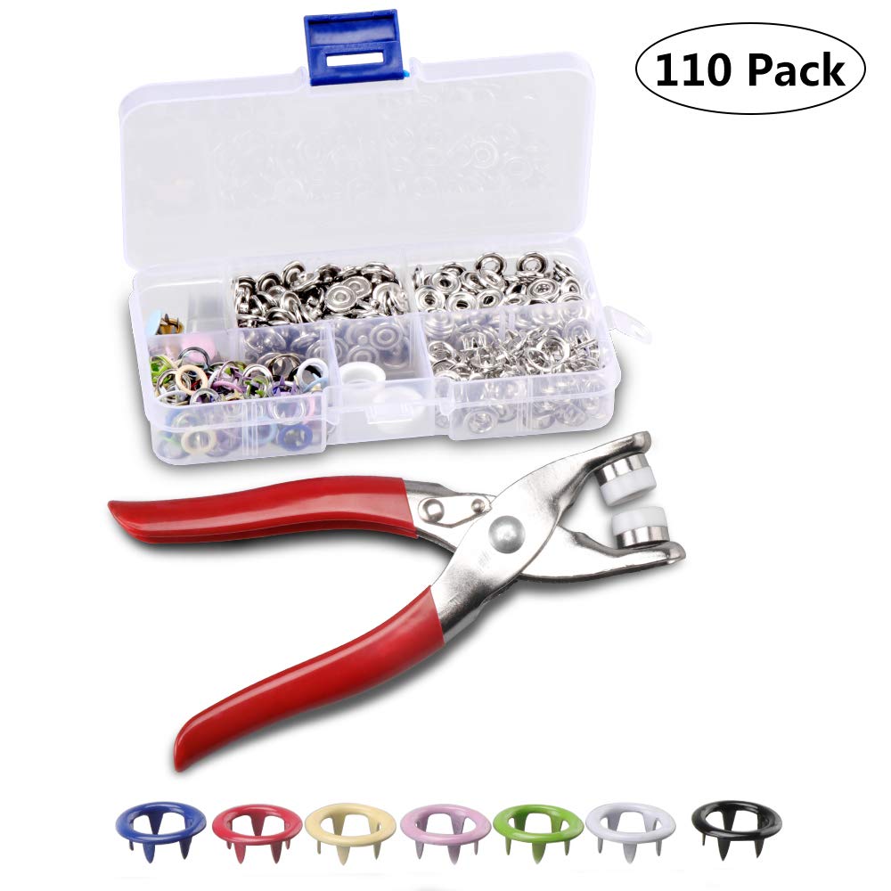 Snaps Fasteners Tool Kit, 10 Colors 9.5mm Metal Grommet Kit Press Studs Snap Press Button Rings with Snap Fastener Pliers for Clothing, Bags (110 Sets )