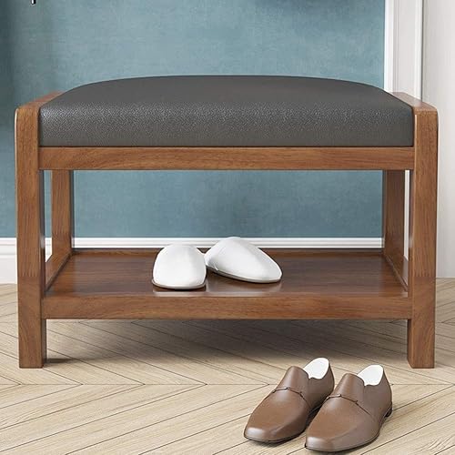 Miniatura 5 de LaseVe Reposapiés, zapatero de madera maciza zapatero de PU almohadilla acolchada sofá taburete puerta color madera puede sentarse zapatero banco de