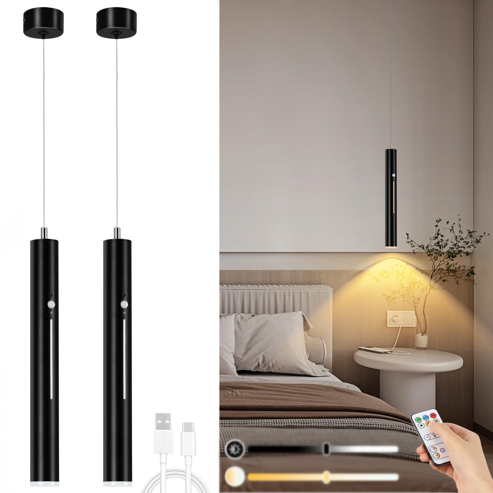 Photo 1 of Lightess Battery Operated Pendant Light Set of 2, 6000mAh Rechargeable Hanging Light with Remote, 3 Color Dimmable, Wireless Chandelier for Kitchen Island Bedroom Hallway, Black