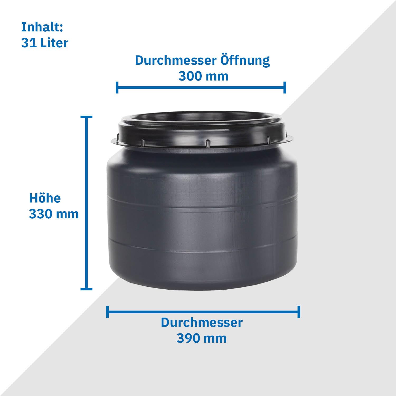 DIE BOX FABRIK Futtertonne schwarz 31 Liter mit Schaufel | Lebensmittelechtes Weithalsfass mit Schraubdeckel | Luftdicht & wasserdicht | Maischefass (31 Liter)