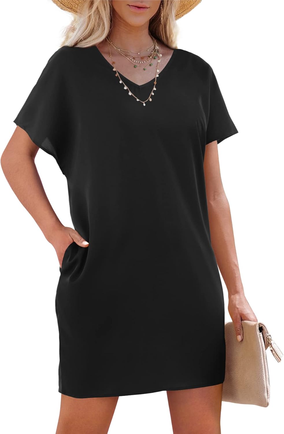 Amoretu Short Sleeve V Neck Mini Dresses Loose Fit Trendy Tunic Dress for Women with Pocket - Image 2