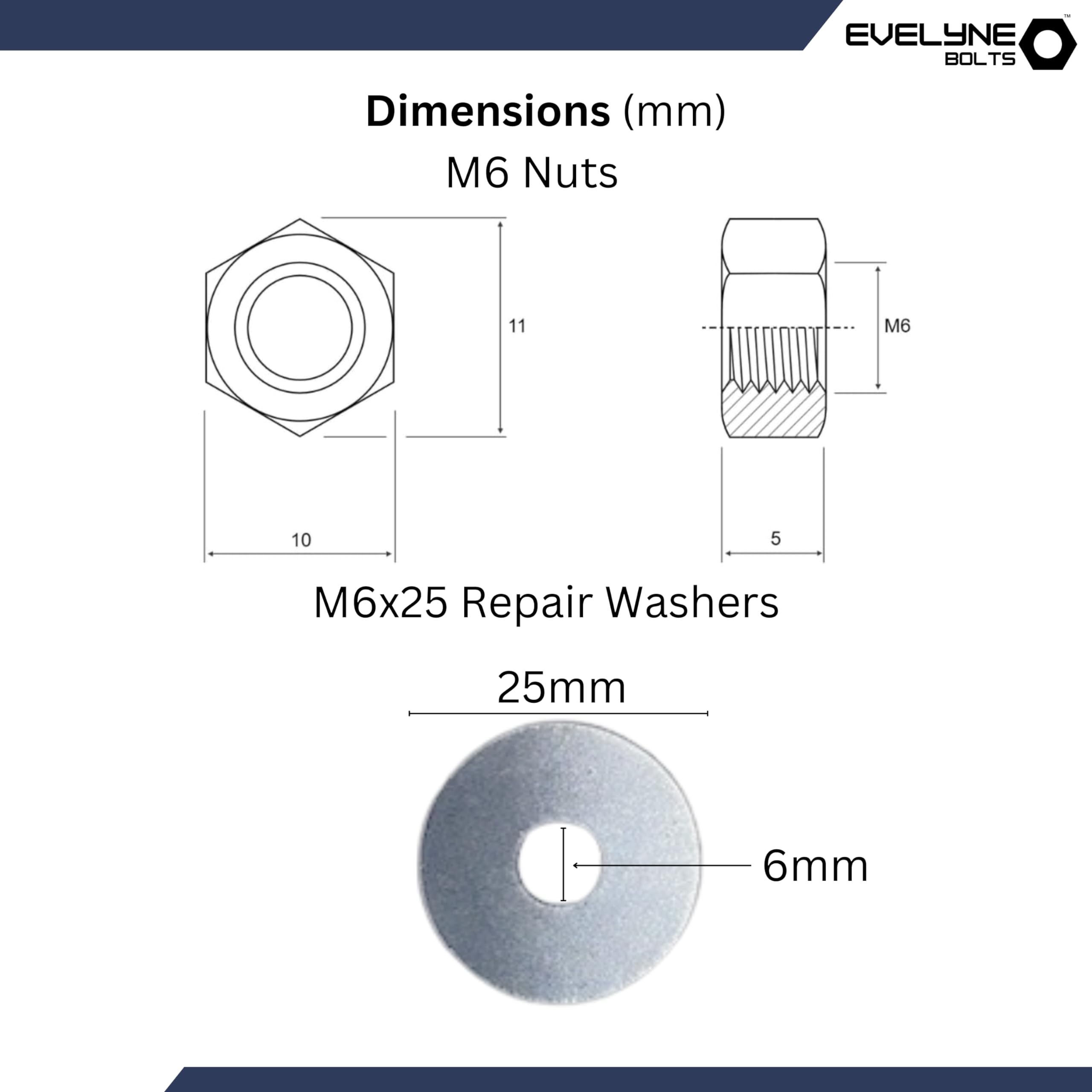 M6 Nut, Bolt & Repair Washer Set. 10 pack M6x40 Bolts, M6 Nuts & M6x25 Repair Washers - Image 3