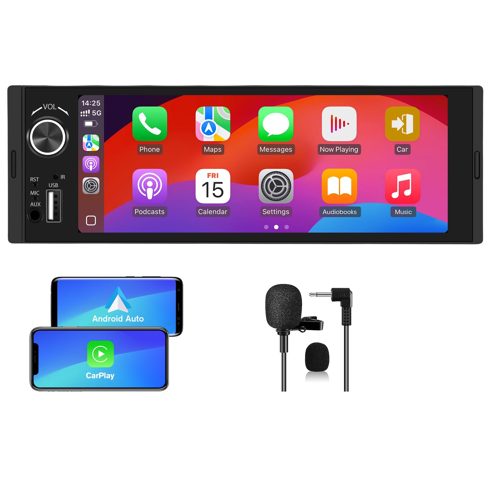 AWESAFE Universal 1 DIN Radio de Coche con Pantalla Táctil 6.36 Pulgadas, con CarPlay/AndroidAuto/Admite Carga Type-C/USB/Micrófono/FM/EQ/WiFi/GPS/Bluetooth/USB/SWC