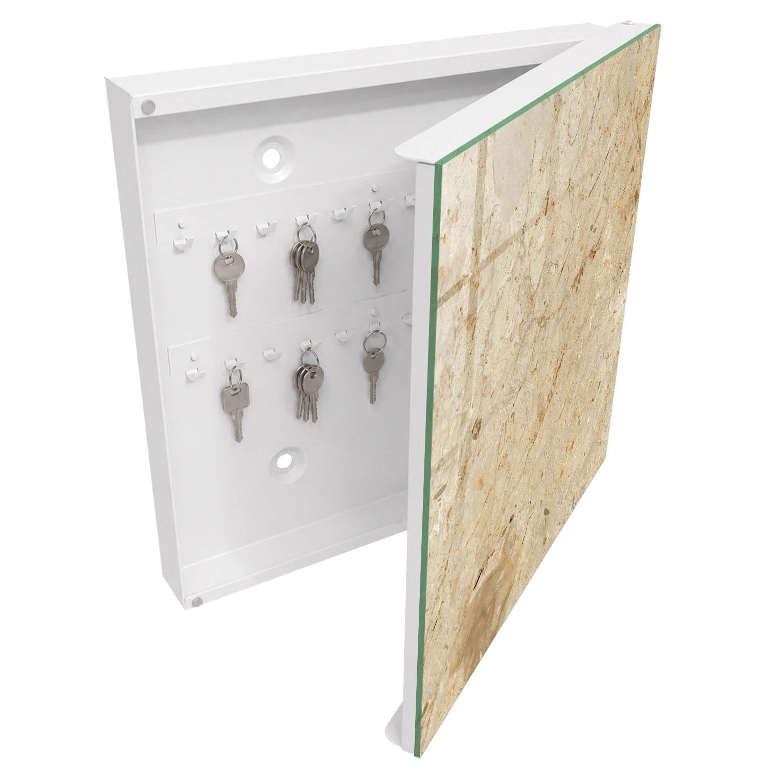 Armadietto Portachiavi 30x30 cm | Bianco | A Destra | Montaggio a Parete | Modello di pietra | in Metallo | Tasselli e Viti Inclusi | Frontale Decorativo in Vetro Temperato | per Uffici