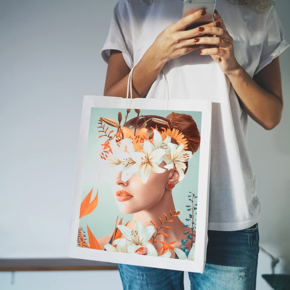 100 Bolsas papel kraft personalizadas bolsas de papel con asas bolsa de papel personalizable con el logo de tu negocio muy resistentes (Blanco, 18x8x24)