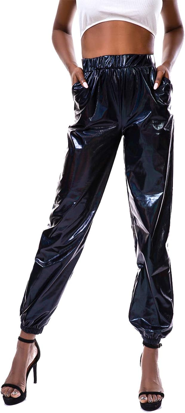 Zaxicht Women's Metallic Shinny Pants, Casual Holographic Jogger Sweatpants Punk Hip Hop Trousers Streetwear