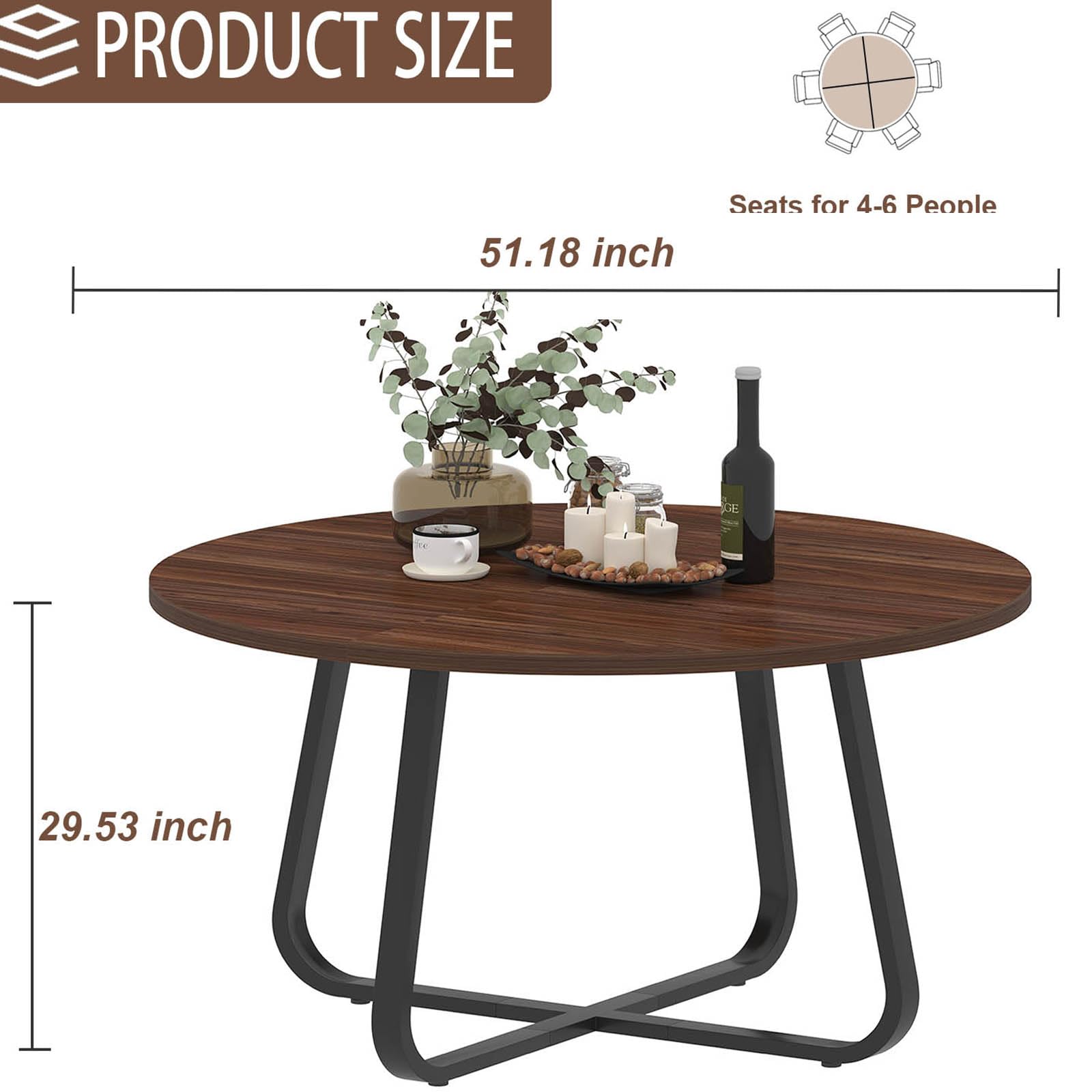 LVB Runder Esstisch Esszimmertisch für 4 bis 6 Personen Küchentisch 130cm Esstische Rund aus Holz Moderne Industrial Design Runder Tisch für Esszimmer Küche Wohnzimmer, Walnuss
