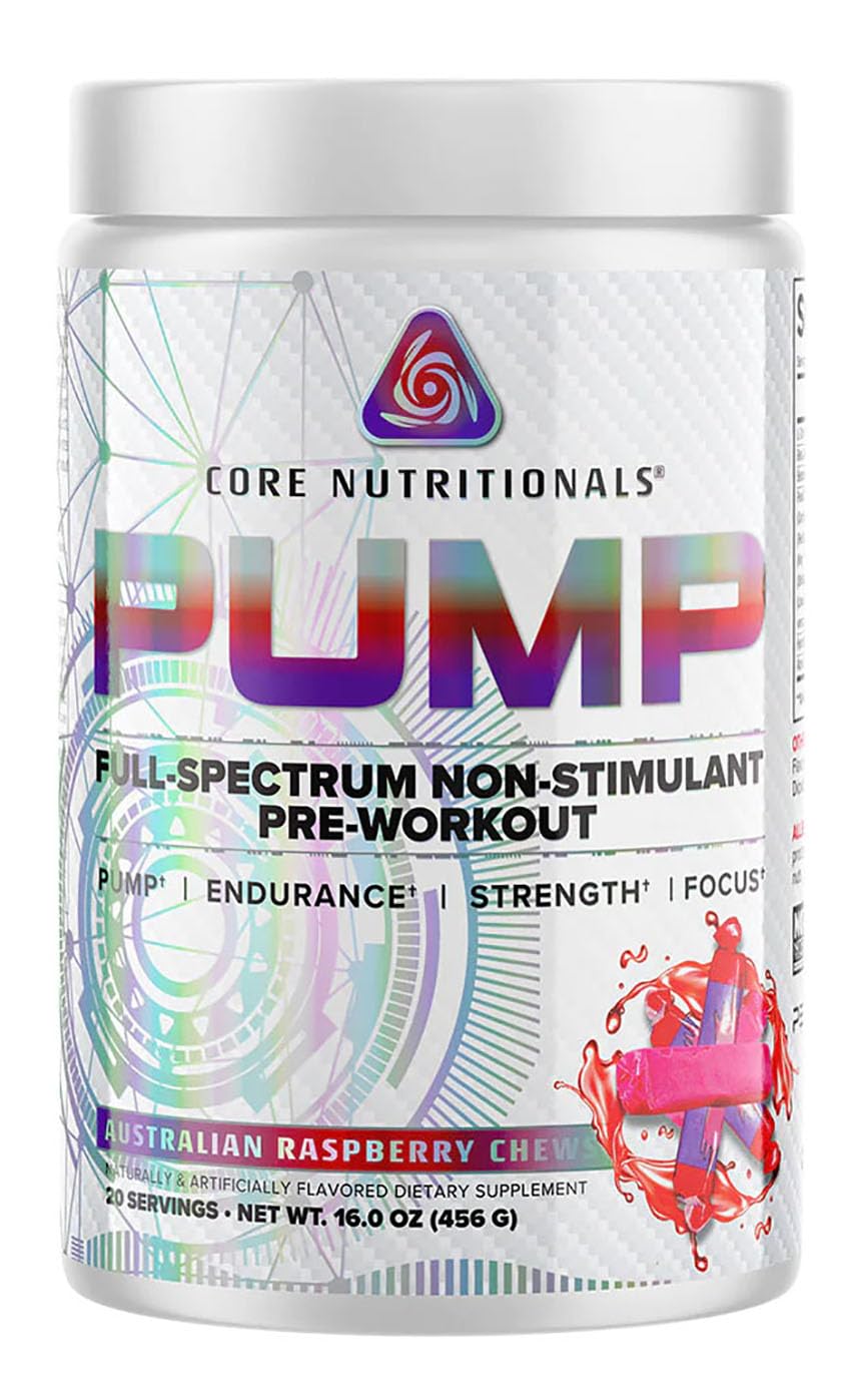 Core Nutritionals Pump, Non-Stim Pre-Workout, Australian Raspberry Chews Austrailian Raspberry Chews