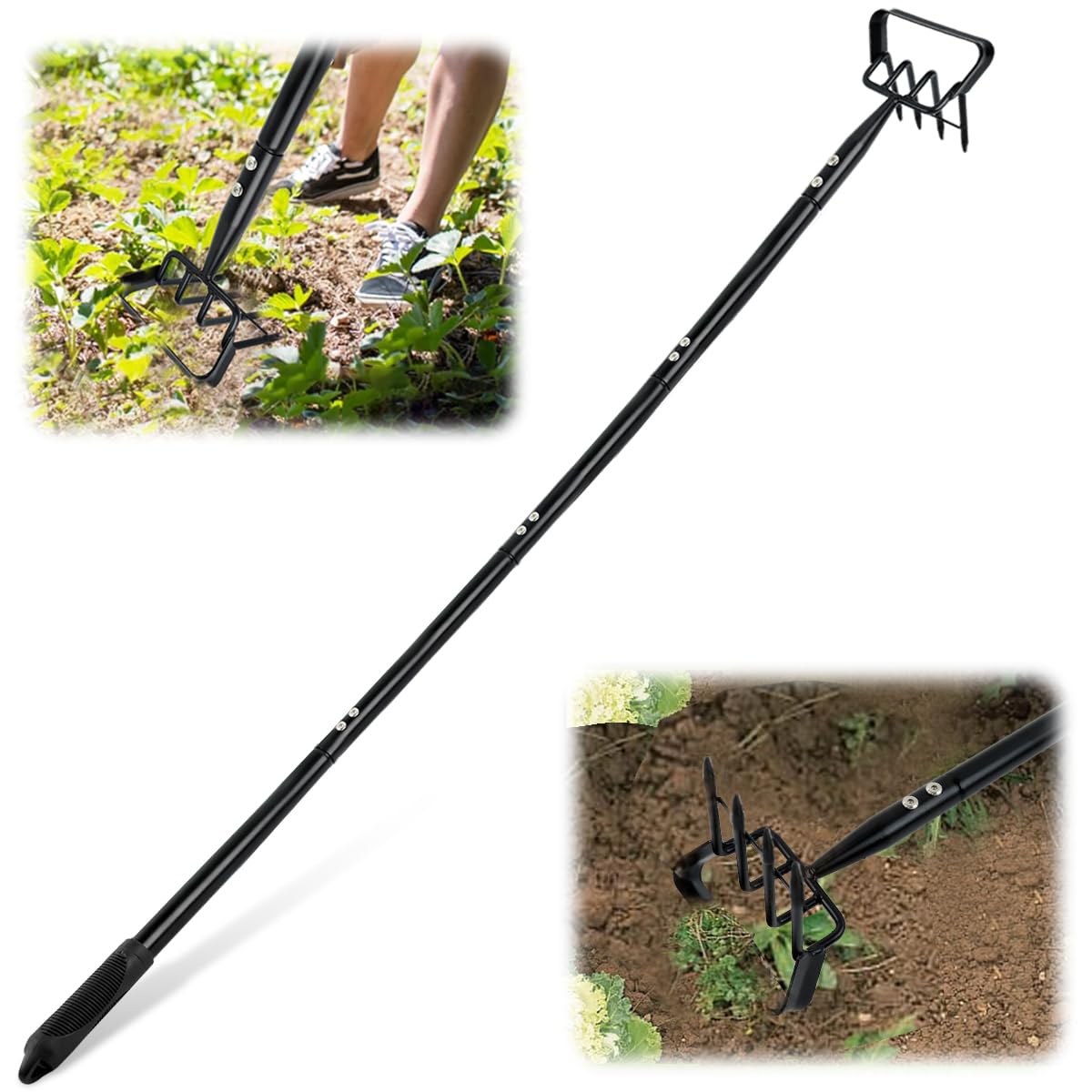 HASTHIP® Gardening Manual Weeder Tool Gardem Hoe 1.6m Assembly Long Handle Weeder 4-Claw Weeder Hand Tool, Manual Weed Puller Stainless Steel Manual Weed Puller Weeder Hand Tool for Lawn, Gardening