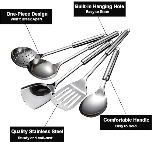 Miniatura 3 de Juego de utensilios de acero inoxidable de 5 piezas, 5 piezas de mango largo de metal, utensilios de cocina resistentes al calor, cuchara ranurada,