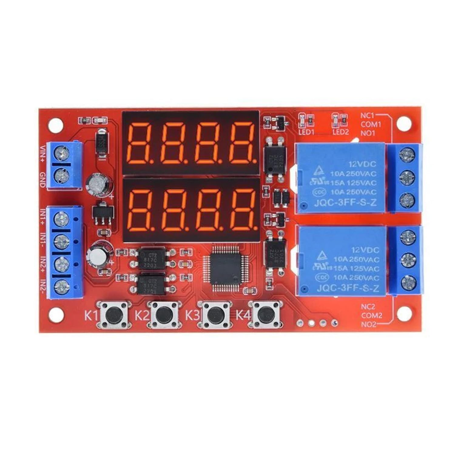 amiciSmart 12V 10A Adjustable Time Delay Relay Module | 32 Modes Dual Way LED Timer Switch with Digital Display, Wide Time Range 0.01s–999min, Dual Signal Trigger, NO/NC/COM Relay Outputs