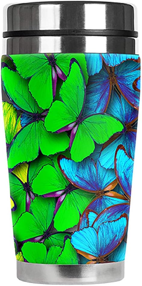 Mugzie 16 Ounce Stainless Steel Travel Mug with Wetsuit Cover - Rainbow Butterflies