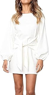 Women's Elegant Long Lantern Sleeve Short Dress Crewneck Tie Waist Knit Cocktail Dress - Buy now