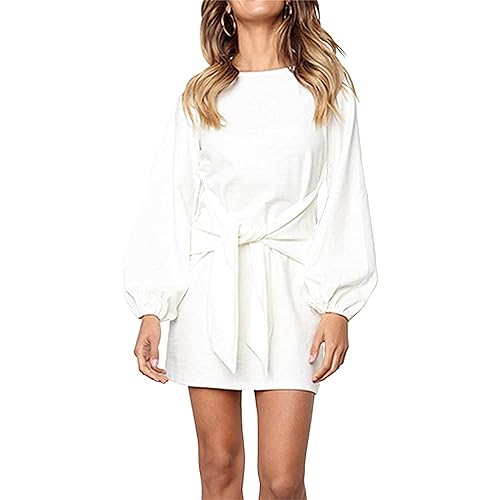 PRETTYGARDEN Womens Fall Elegant Long Lantern Sleeve Short Dress Wedding Guest Crewneck Tie Waist Knit Cocktail Dresses