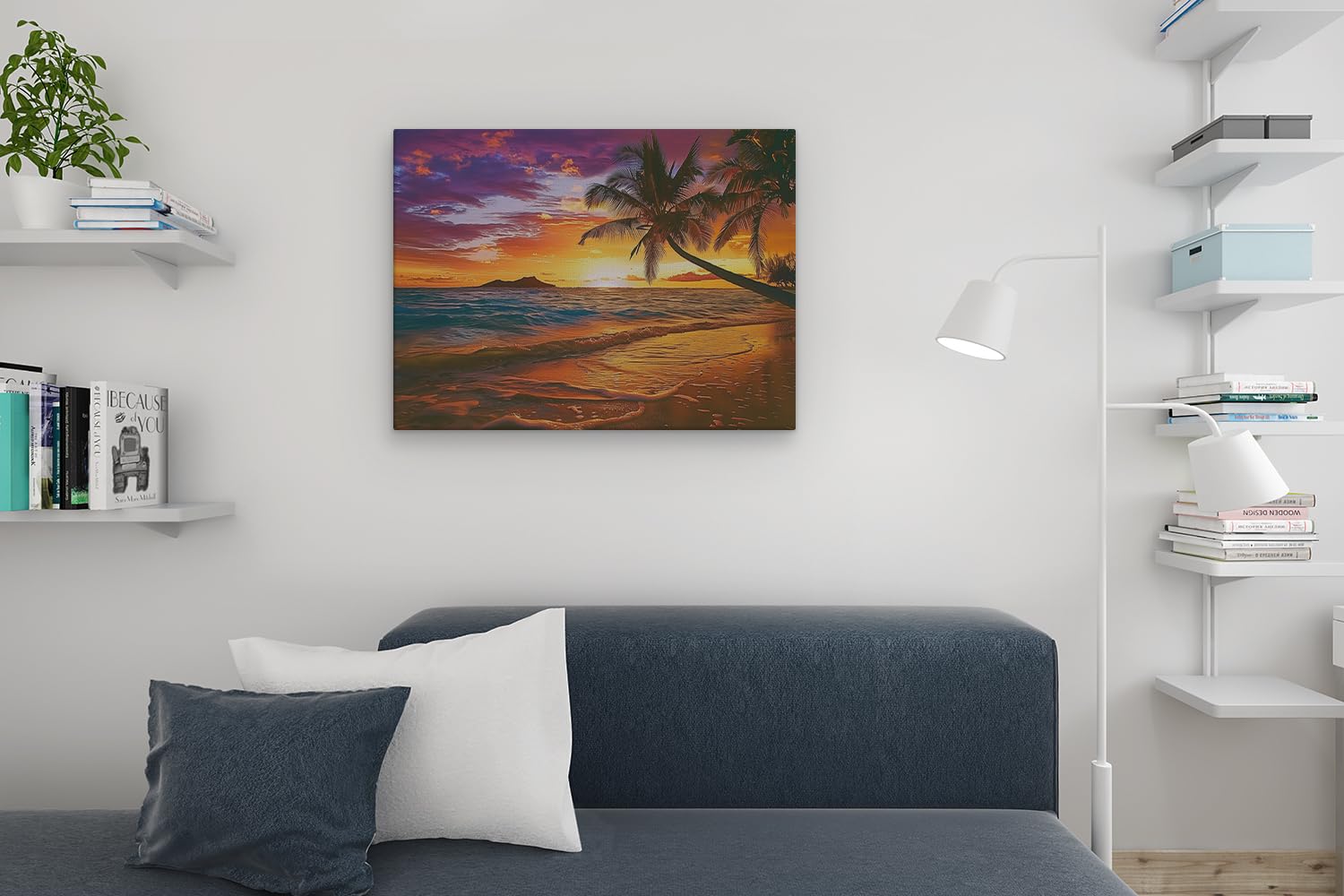 Artaza Leinwand Bilder Sonnenuntergang Strand - 80x60 cm - Wanddeko Meer - Wandbilder Palme Karibik - Deko Wohnzimmer