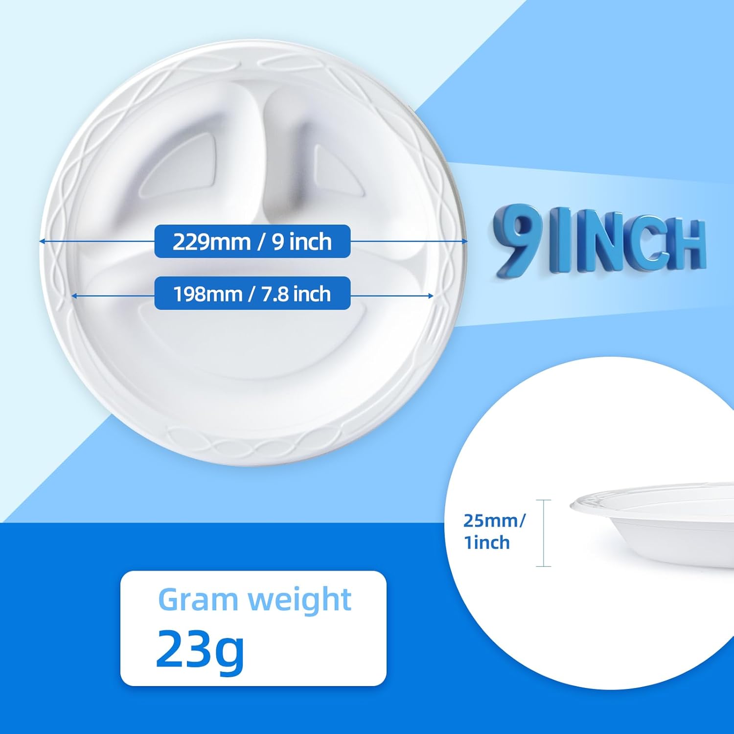 YANGRUI Plastic Plates Shrink Wrap 9" 150 Pack - BPA Free Mineral Filled PP | Reusable & Disposable Microwave Safe Heat-Retention Design | Steakhouse Grade Commercial White 3 Compartment Party Plate