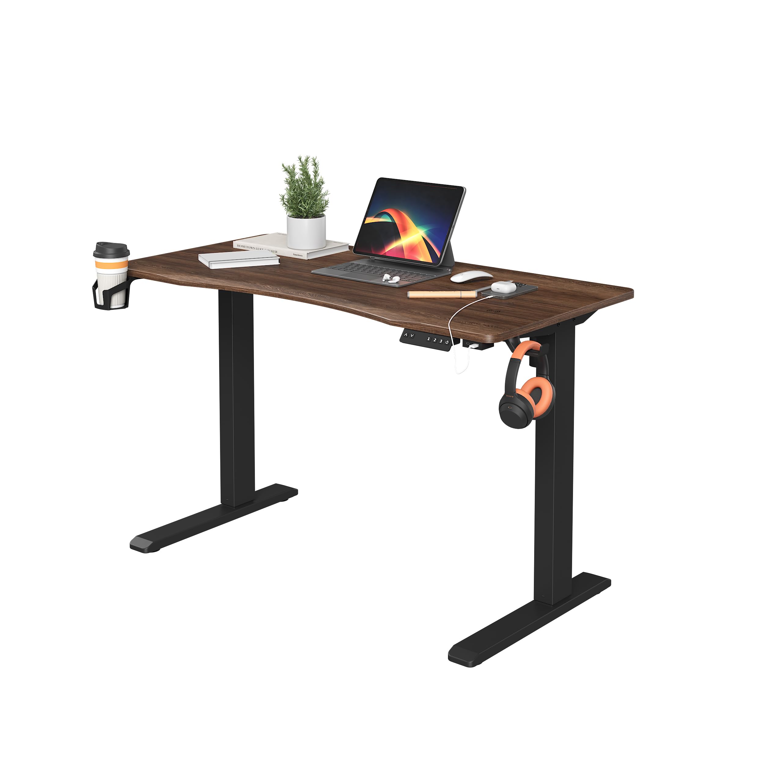 Electric Height Adjustable Desk, Ergonomic Sit-Stand Desk with Wireless Charging, USB&Type-C Ports, Home Office Workstation (Black)