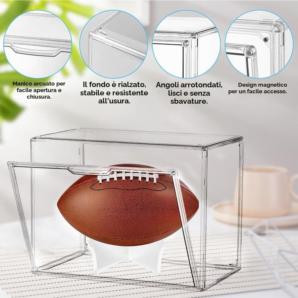 Vetrina Pallone da Calcio Acrilica Trasparente Impilabile con Stand,40x25x30cm Scatola Espositiva Grande Antipolvere con Porta per Basketball Pallavolo Giocattoli