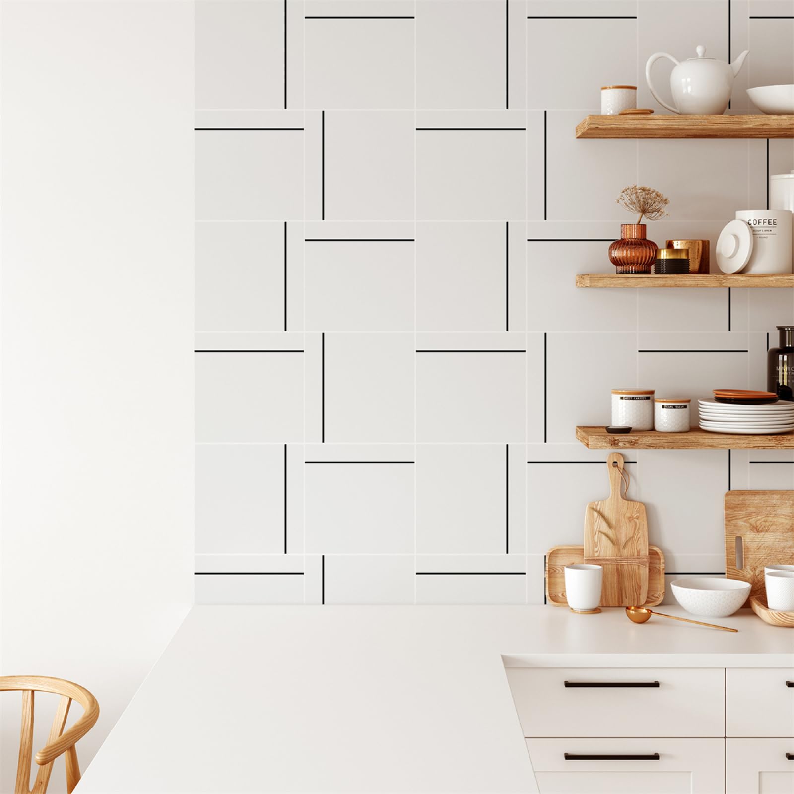 Peel and Stick Wall Tiles Black Line Tiles Self Adhesive PVC Home Decor Backsplash Kitchen Tile Stickers Waterproof Tile Stickers for Bathroom 15x15cm /20 Pcs