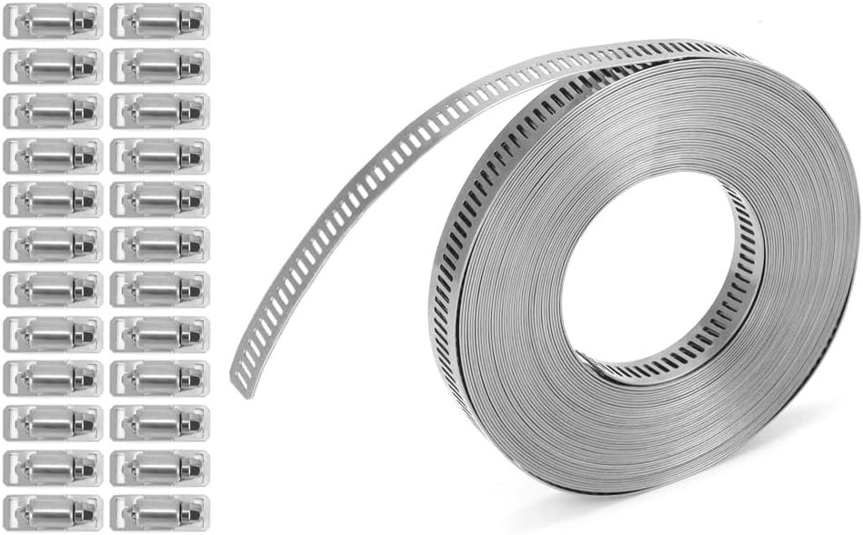Miniatura 8 de QWORK Juego de abrazaderas de tubo de metal grande, correa de acero inoxidable 304, correa de 32.8 pies con 24 cierres más fuertes para una