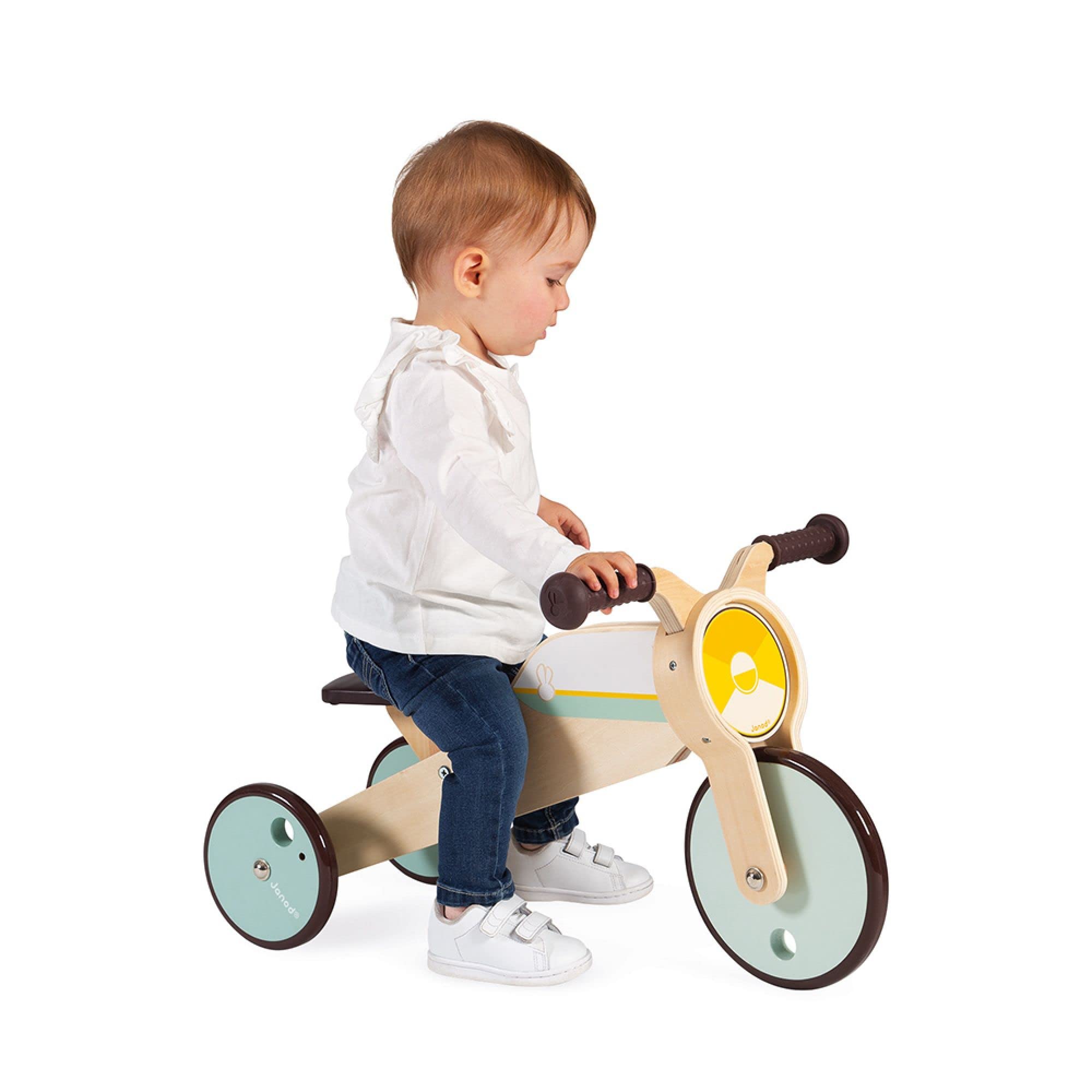 Janod - Triciclo de madera con balancín - Triciclo para bebés de la primera edad - Para desarrollar la motricidad gruesa y el sentido del equilibrio - Juguete de madera - De 12 a 36 meses, J03284