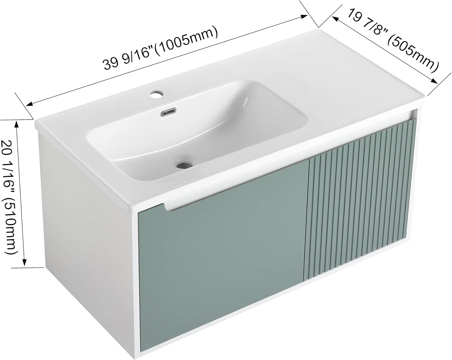 Pvillez 40 inch Floating Bathroom Vanity with Sink, Modern Wall Mounted Bathroom Vanity Set with Ceramic Basin & Storage Cabinet, Luxury Green 40" Bathroom Wood Cabinet with Metal Handle