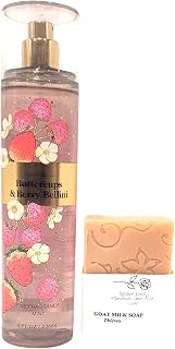 Bath and Body Buttercups and Berry Bellini Fine Fragrance Mist Full Size Gift Set with Rosebud Ranch Goat Milk Soap Sample