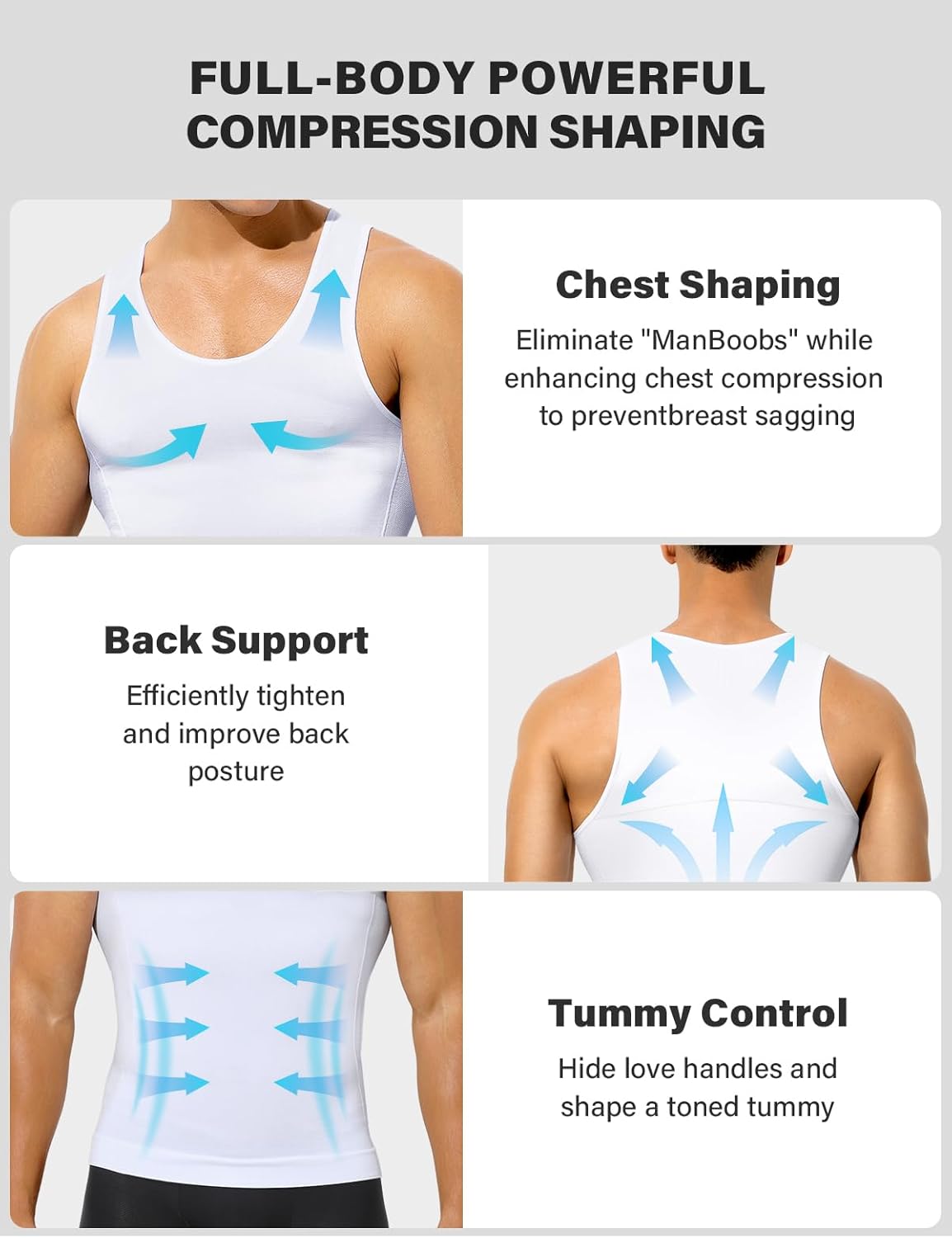 Casey Kevin Men's Compression Shirt Slimming Body Shapewear Gynecomastia Vest Tank Top Tummy Control Undershirts 4 Pack, White*4, XX-Large - Image 3