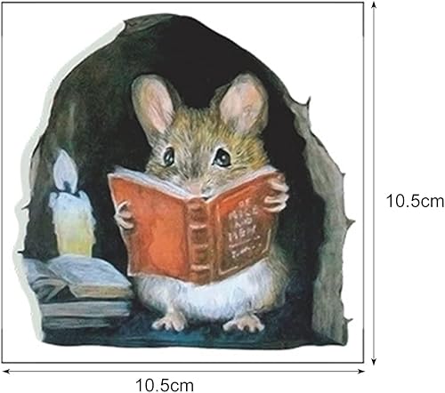 Miniatura 7 de Walbest Calcomanías de pared con agujero de ratón 3D, 3 unidades, libro de lectura de ratón en la pared, calcomanías de pared divertidas a prueba de