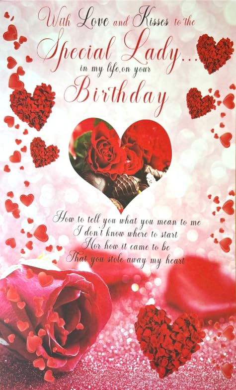 Cardigan Cards Special Lady Birthday Card, Romantic Red Rose Design with Hearts, Luxury Verse Card with Sparkle Effect