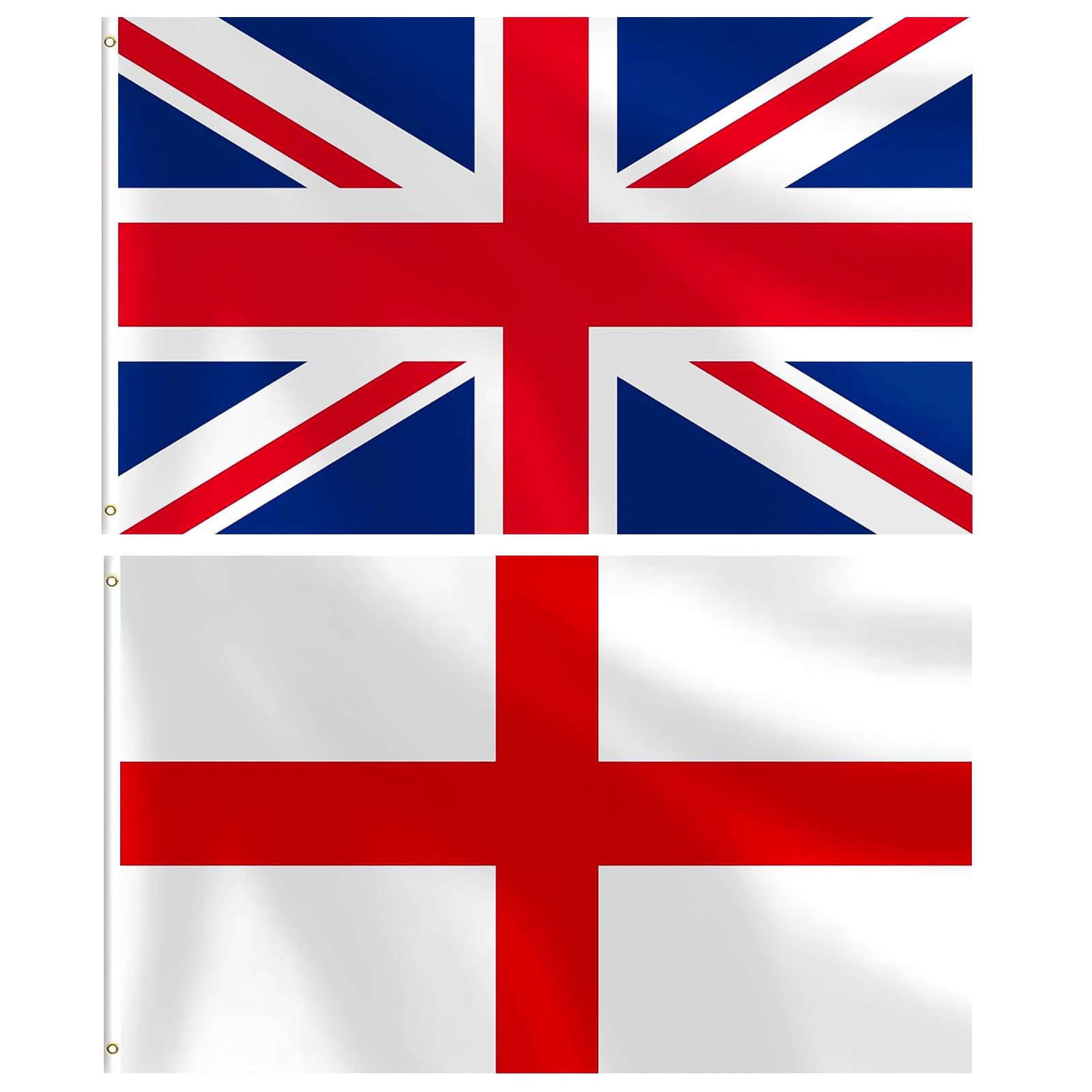 Union Jack Flags 5x3ft Pack of 2-1x British UK Flag & 1x England St George Flag, Polyester Fabric with Brass Eyelets, Indoor Outdoor Patriotic Displays, Celebrations & Sports Events