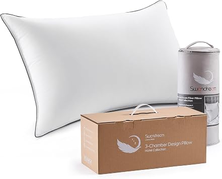 Goose Feather and Down Bed Pillow Standard Size Single Pack, Luxury 3-Chamber Pillows with Soft & Down-Proof Cover, Fluffy Plush Hotel Pillow for Side, Back & Stomach Sleepers