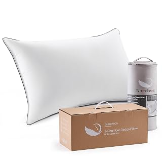 Goose Feather Down Fiber Standard Pillow Single Pack, Luxury 3-Chamber Pillows with Soft & Down-Proof Cover, Fluffy Plush Hotel Bed Pillows for Side, Back & Stomach Sleepers, 20"x26" - Amazon product rated Grade A