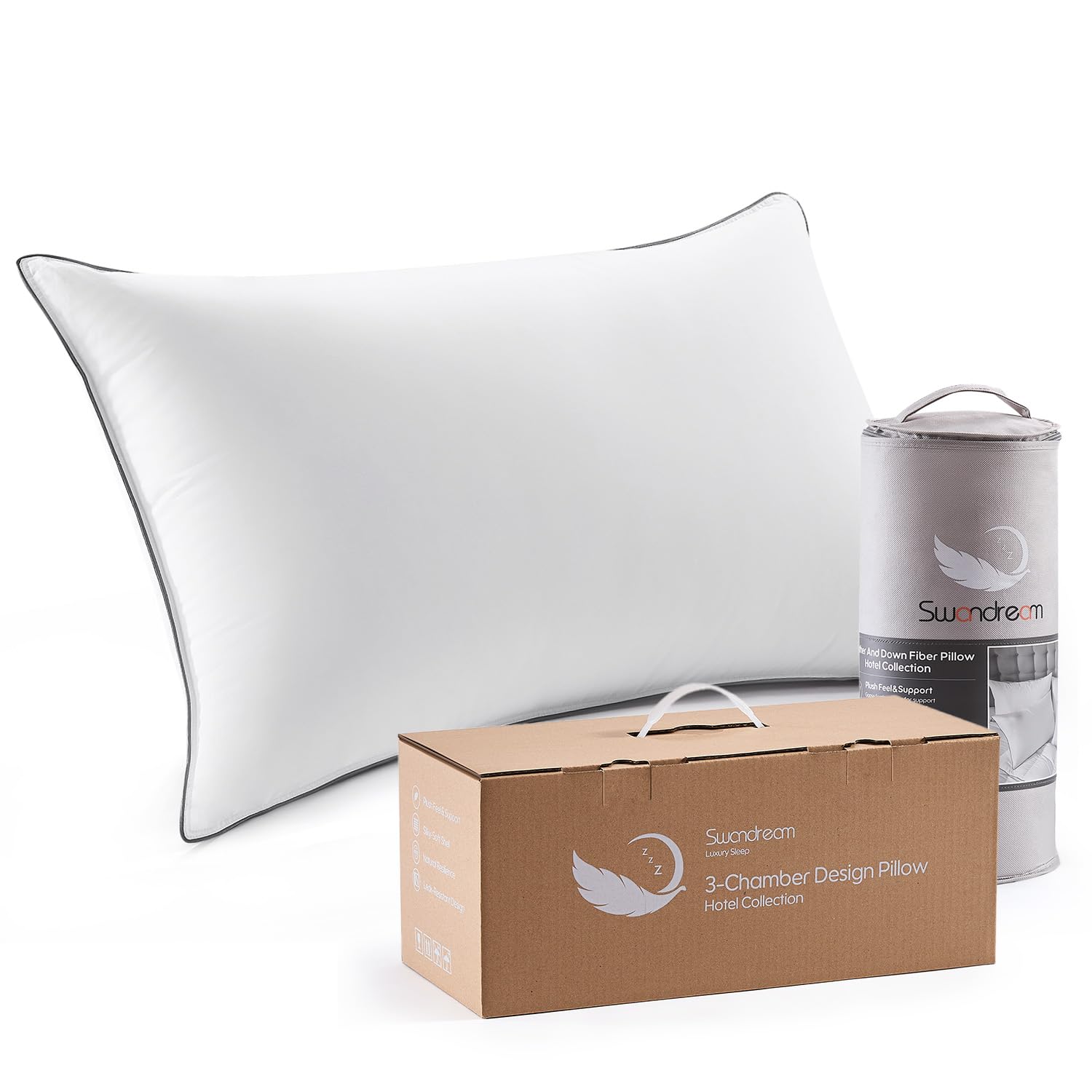 Swandream Luxury Hotel Collection Bed Pillows, 3-Chamber with Goose Feather and Down Fiber, Fluffy Plush for Side, Back & Stomach Sleepers, Standard Size Single Pack