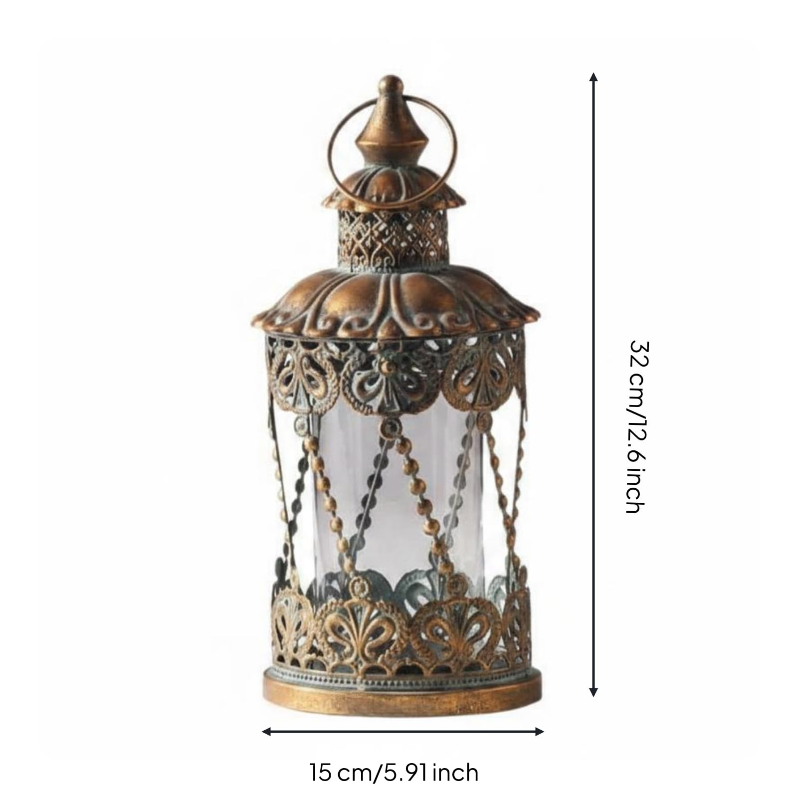 Portavelas de Vidrio Hierro Farol Decorativo Antiguo Bronce Soporte de Vela Linterna Cilíndrica con Detalle y Asa para Acogedor en Casa Adecuado para, 15 15 32