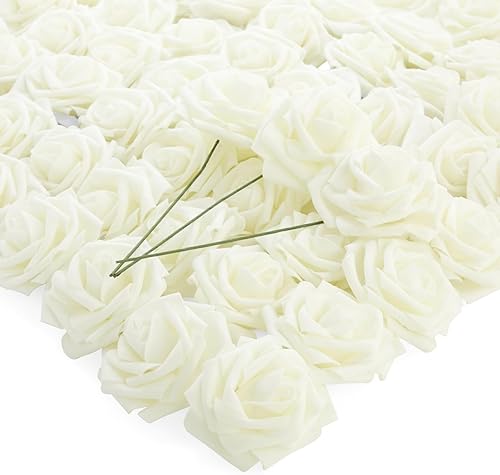 Miniatura 8 de Bright Creations 60 rosas artificiales de 3 pulgadas, rosas falsas de aspecto real con tallo para ramos de boda y despedida de soltera, color crema