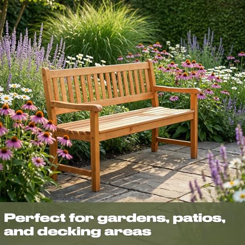 OHS Garden Bench 2 Seater Wooden Seater Outdoor Patio Furniture Garden Seat for Balcony Terrace All Weather Resistant Comfy 2 Seaters Bench Suitable for Indoor Outdoor, Natural - Image 5