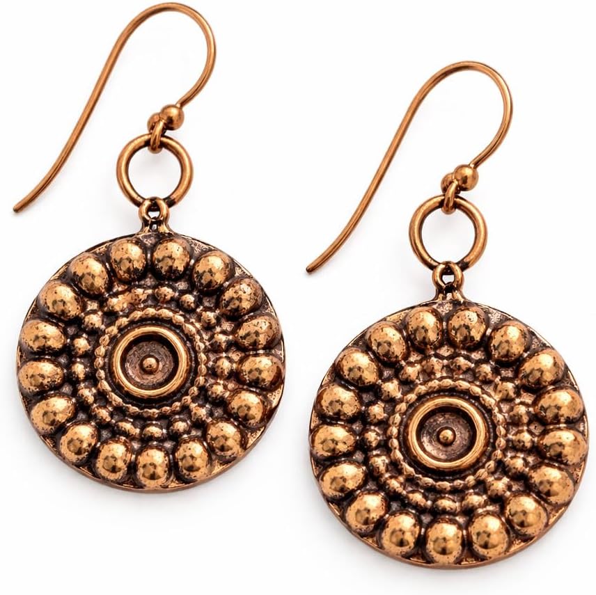 Handmade Embossed Round Drop Earrings | Antique Finish Artisan Metal Dangle Earrings | Boho Statement Jewellery | Gift for Women