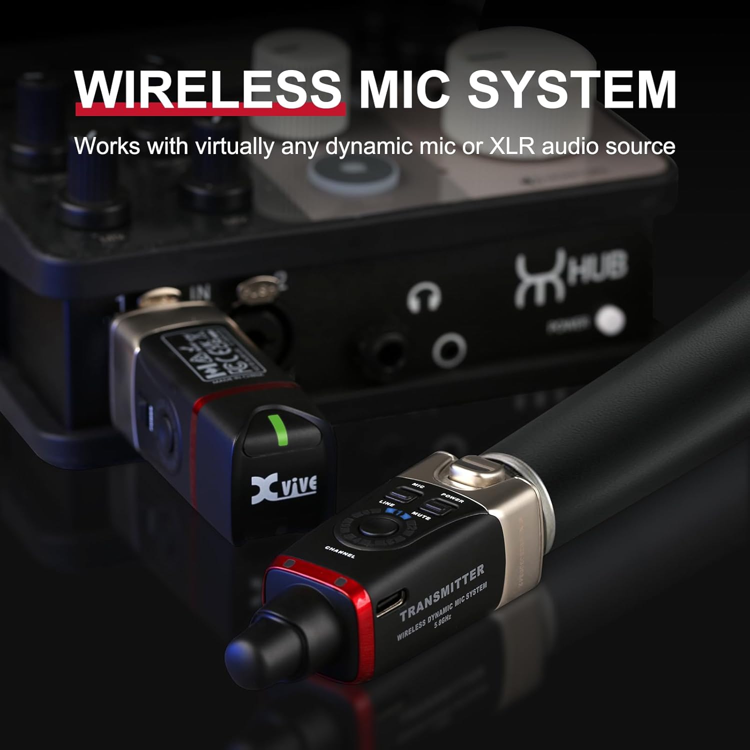 Xvive U35 Transmitter connected to a dynamic microphone.