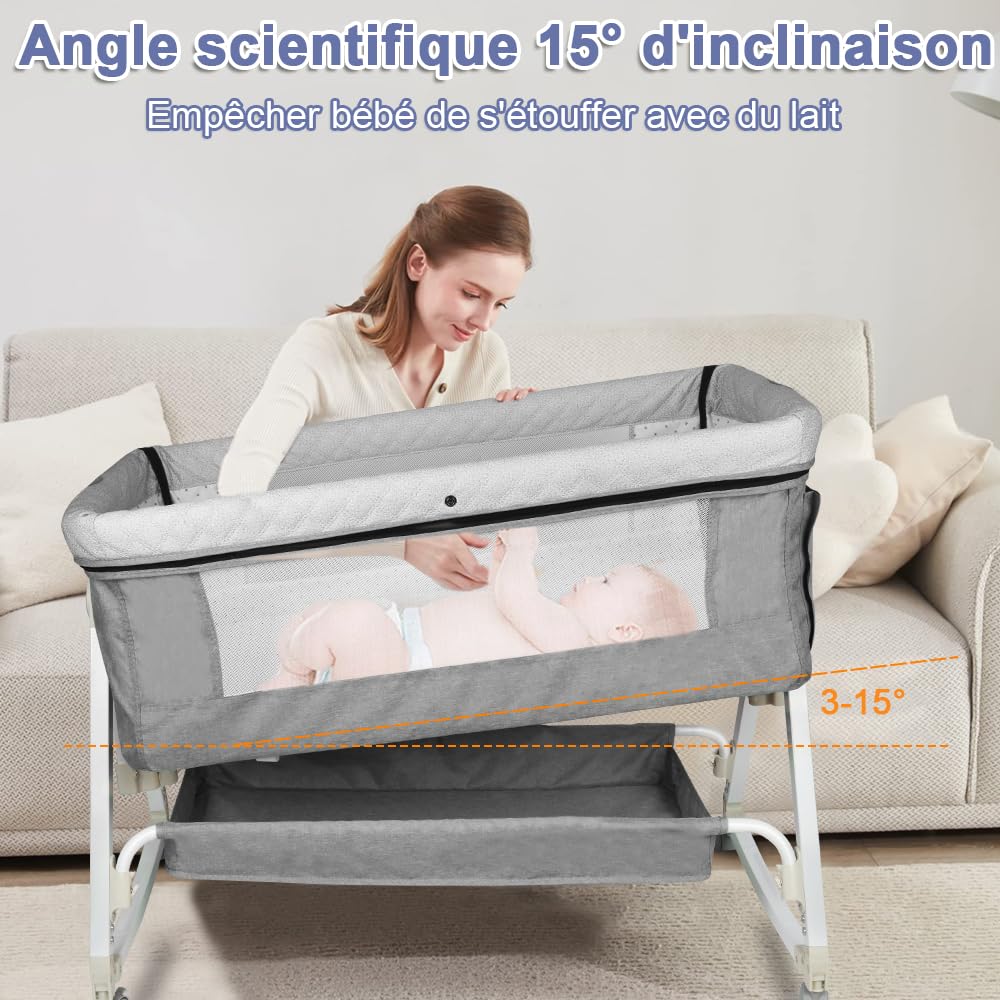 Supfine Berceau Cododo 4 en 1 Lit Bébé Multifonction avec Table à Langer et Rangement, 6 Niveaux de Hauteur, Lin Gris 95x50x98-110 cm