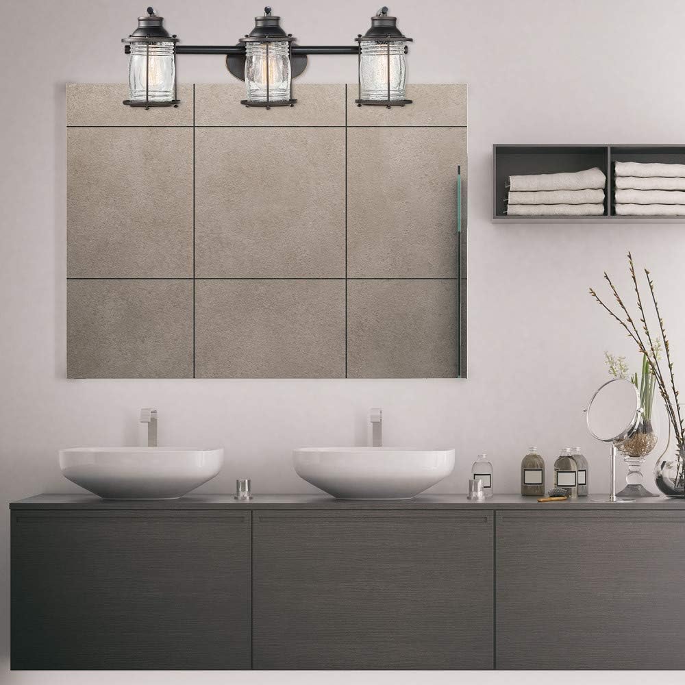 Globe Electric 51549 5-Piece Bathroom Accessory Set, with Vanity, Oil Rubbed Bronze, 3-Light Vanity Light, Ribbed Seeded Glass Shades, Towel Bar, Towel Ring, Robe Hook, Toilet Paper Holder