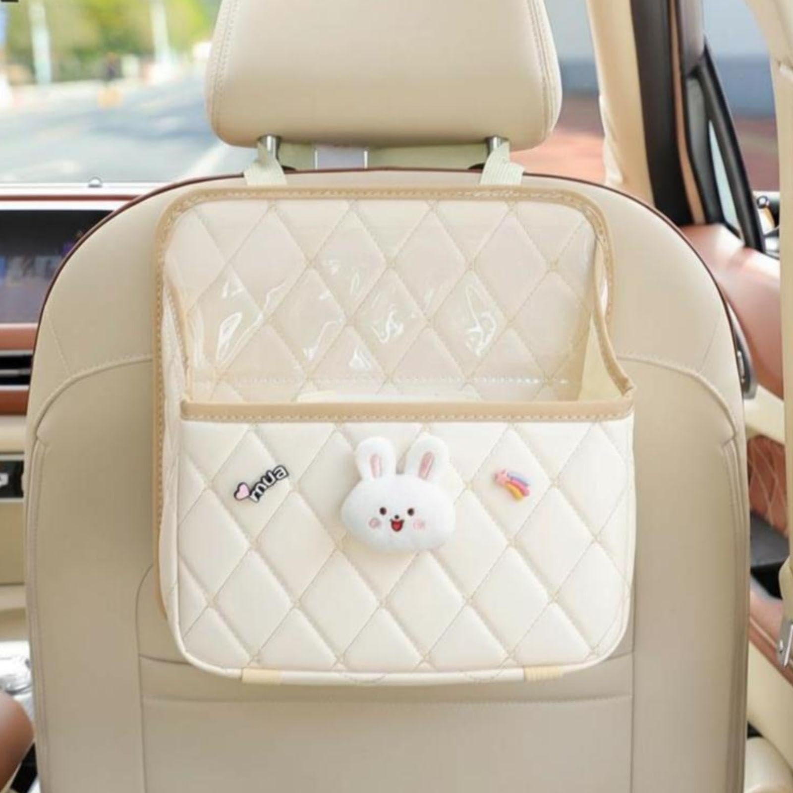 Vehicle Seat Rear Organizer Multi-Pocket Storage Rack Hanging Tissue Box Cute Car Accessories Tidy Solution Beige Giggle Rabbit-image-9