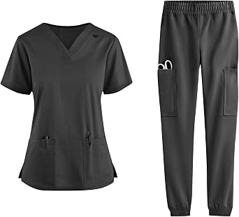 Scrubs for Women Stretch V-Neck Scrub Tops & Cargo Pant Quick Drying Solid Scrub Set Nurse Uniform with Pockets
